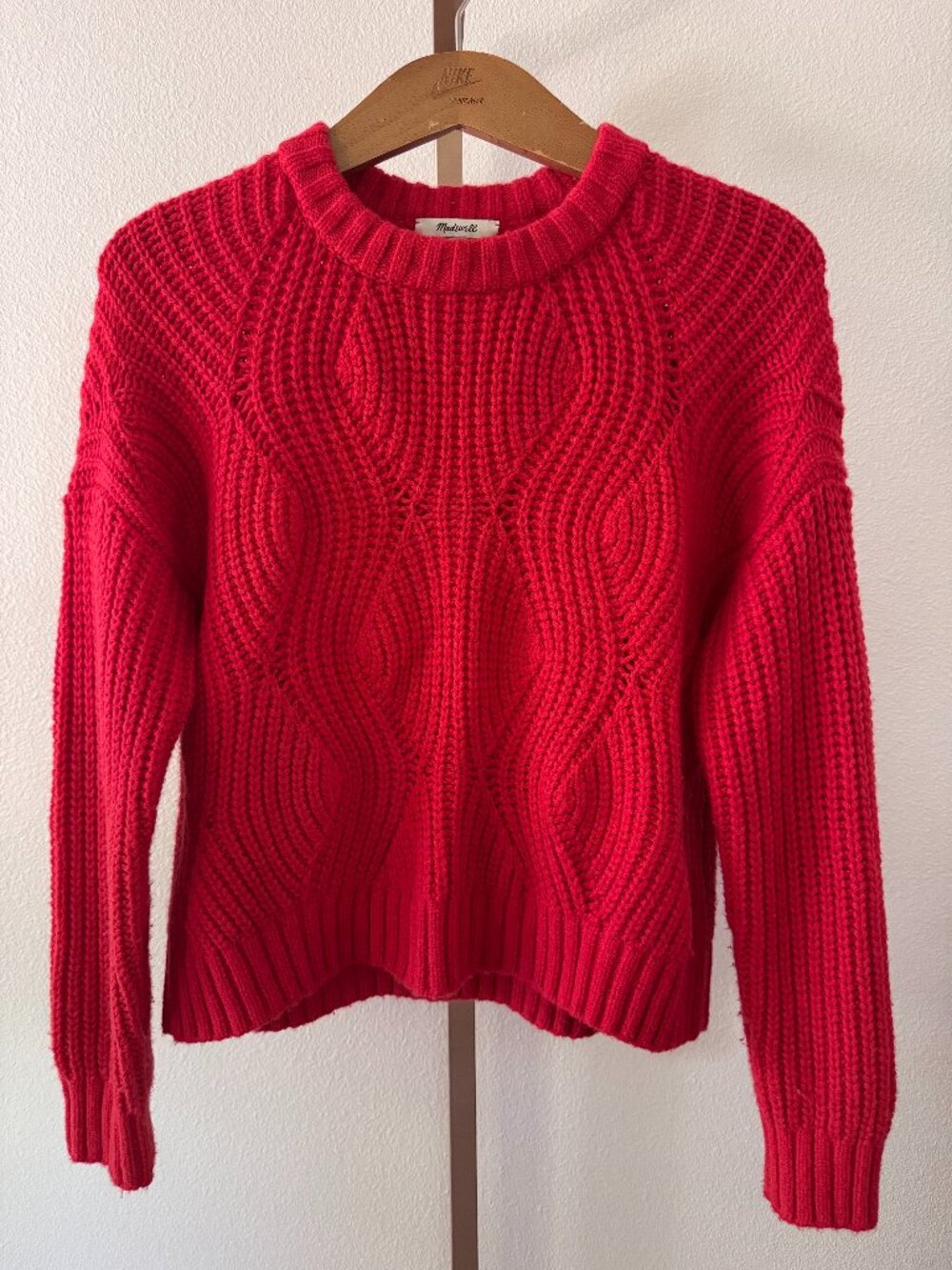 Madewell Everett Rib-Play Pullover Sweater Medium Red Fuzzy Cable Knit